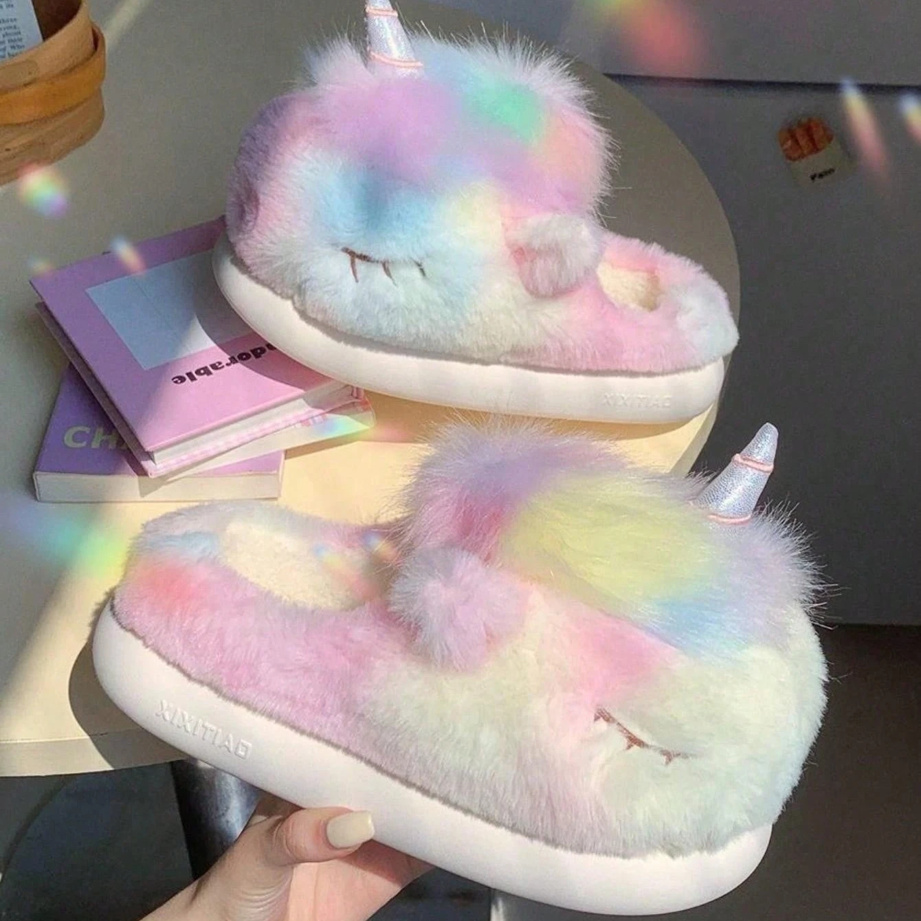 Cute Unicorn Winter New Women Slipper Soft Heel Platform Fur Warm Indoor Comfortable Home Fluffy Home Slippers