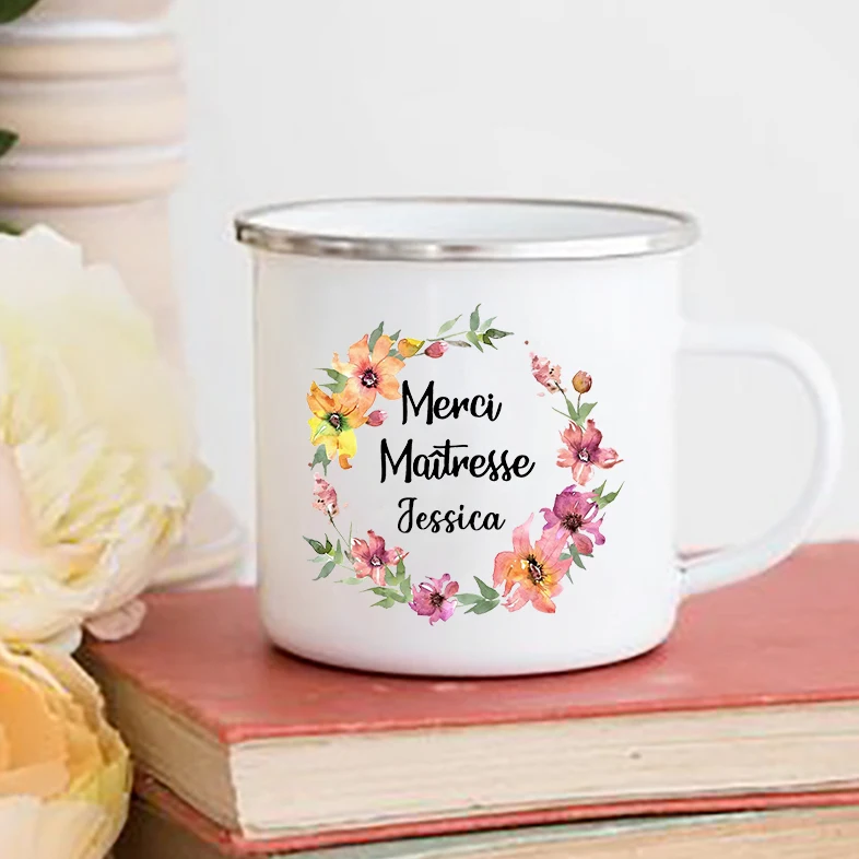 Personalized French Print Mugs Custom Name Coffee Cups Drink Water Milk Cup Enamel Mug School Home Handle Drinkware Teacher Gift