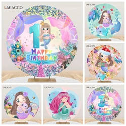 Cartoon Little Mermaid Theme Round Backdrop Girls Baby Shower Birthday Party Under The Sea Photography Background Covers Elastic