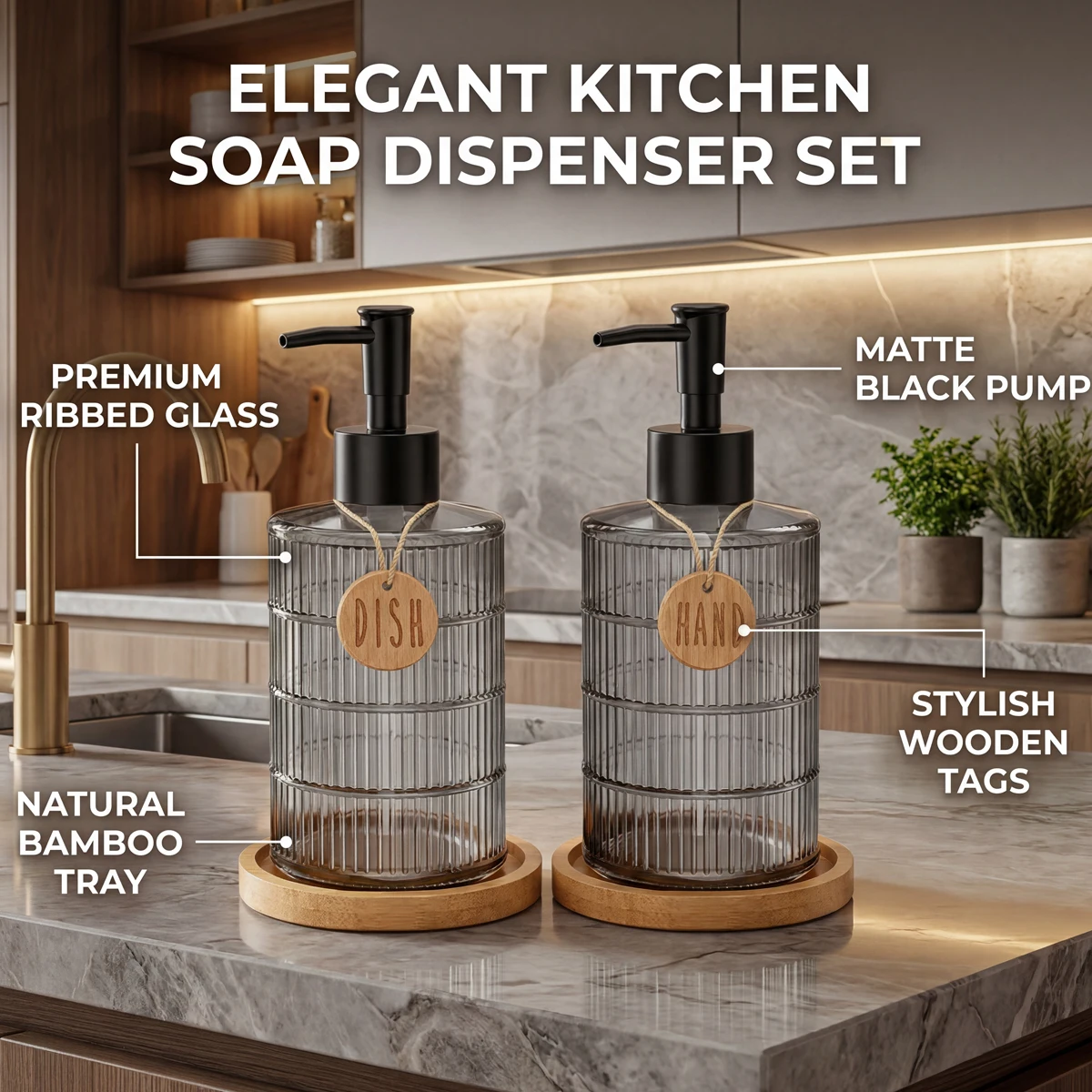 Glass Soap Dispenser Set with Tray, Refillable Hand Soap & Dish Soap Dispenser for Kitchen Sink for Farmhouse Kitchen Decor Gift - view 5