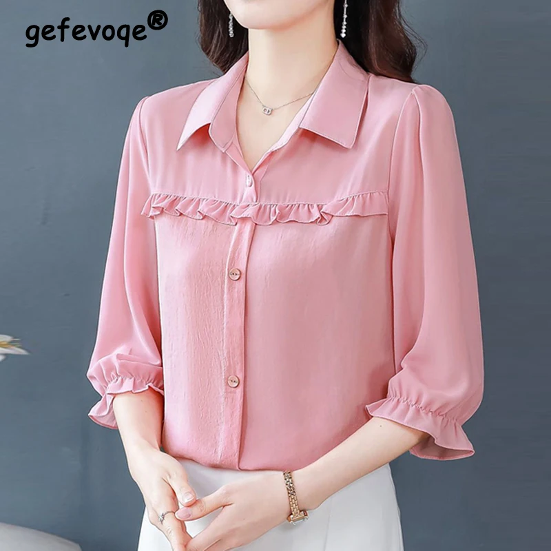 

Women's Elegant Ruffle Turn Down Collar Button Up Shirt Spring Summer Korean Fashion Solid 3/4 Sleeve Loose Blouse Blusas Mujer