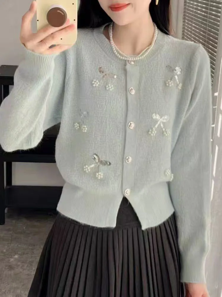 

Bow Short Sweater Cardigan Korean Style Solid Vintage O-Collar Knitted Coat Jacket New Autumn Spring Warm Casual Sweater