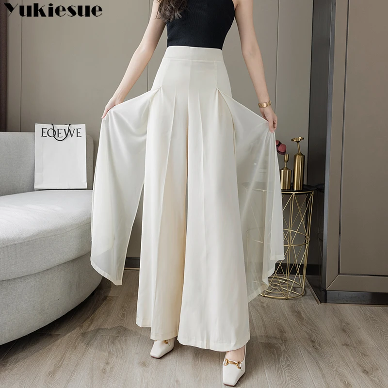 

Women Korean Fashion Elegant 2023 New Summer Thin Baggy Trousers Side Slit Two Layers Chiffon Wide Leg Pants Skirts High Waist