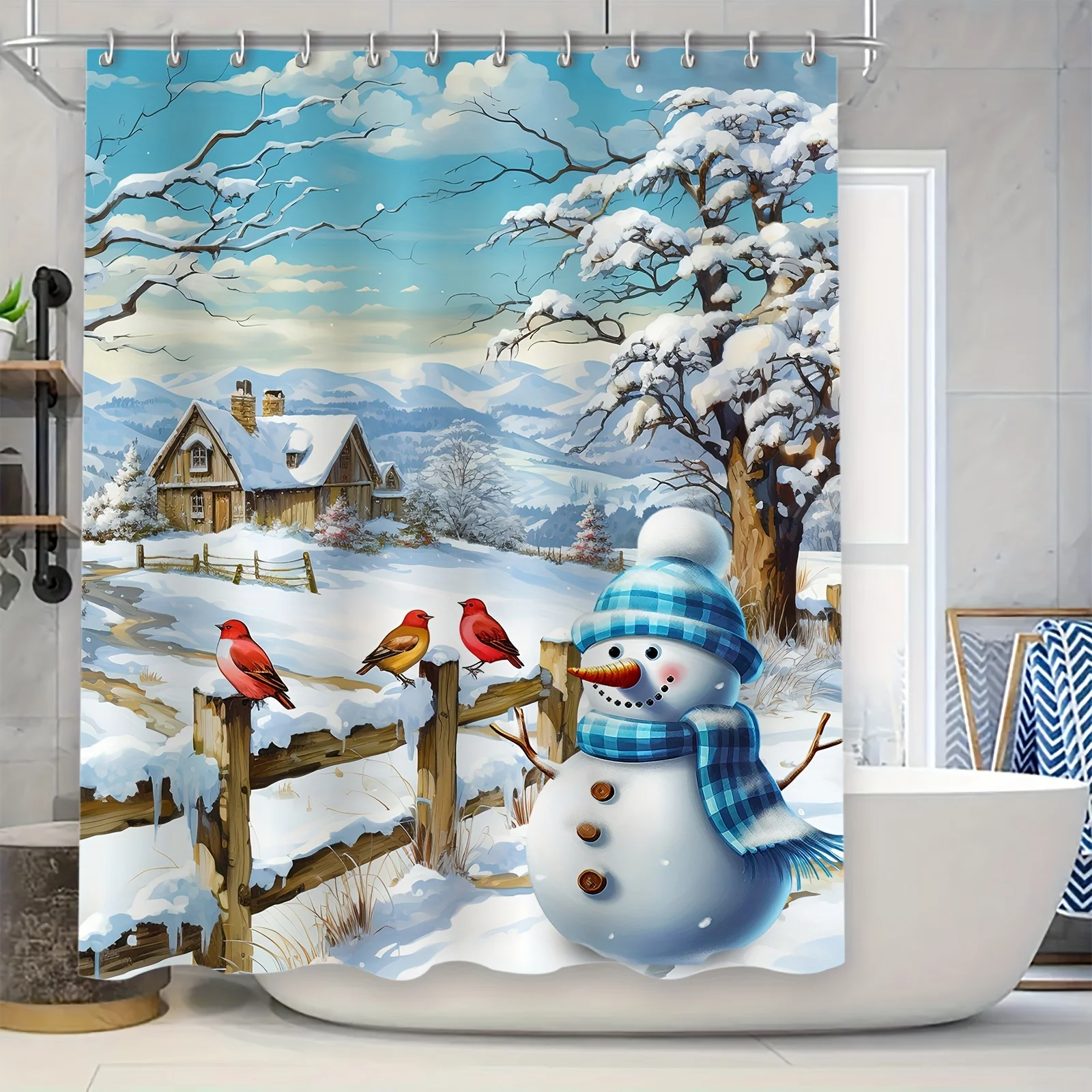 Christmas Snow Scene Blue Snowman Shower Curtain Festive Winter Bathroom Decor, Washable Polyester, Red Cardinal Birds