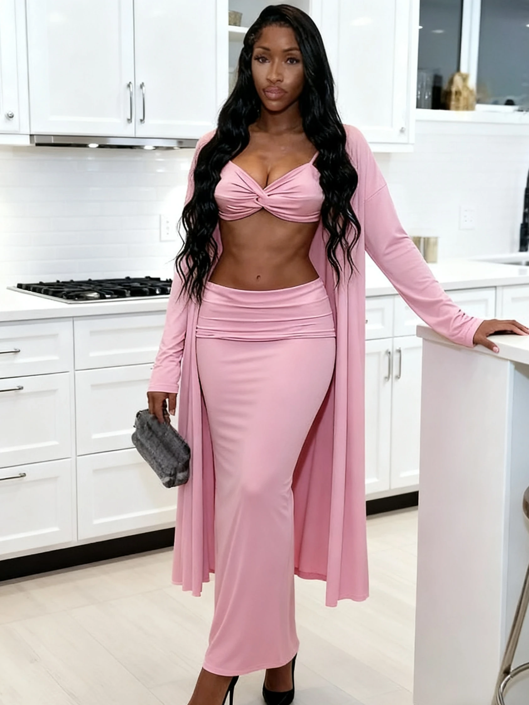 

Cutenew Simple Silky 3-Piece Set Women Tracksuit Elegant Solid Ruched Knot Camisole+Long Coat+Lapel Skirts Streetwear Outfits