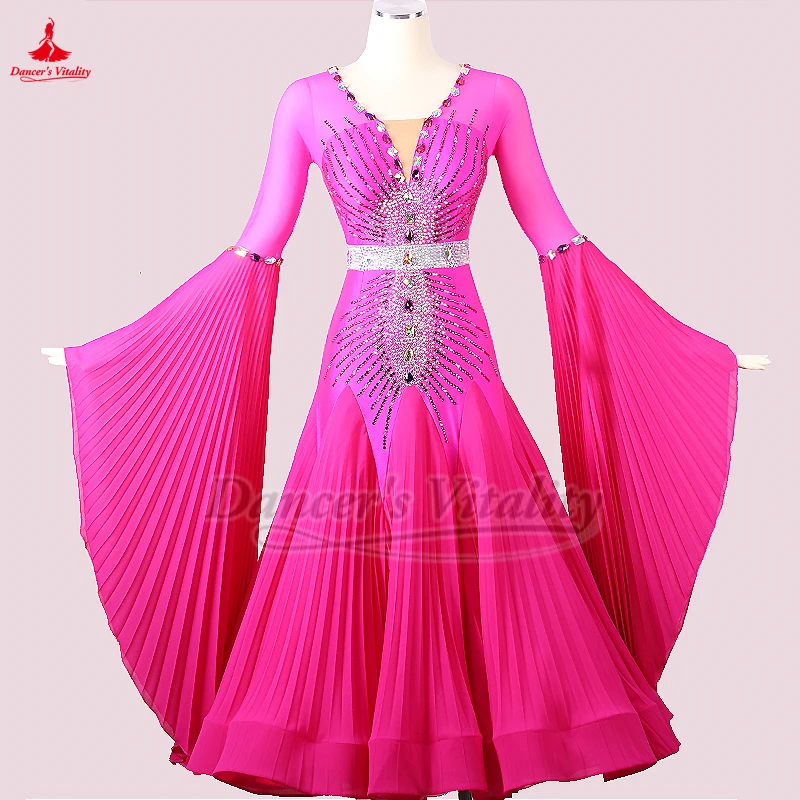 Moderne dans Internationale kampioenschap Rose jurk met lange mouwen High-end Foxtrot Waltz kostuum uitvoeren en wedstrijdkostuum aanpassen