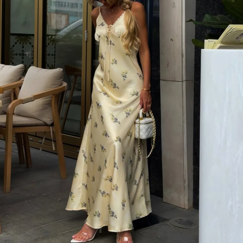 

New Silk Satin Suspender V-neck Dress Temperament Printed Slim Dress