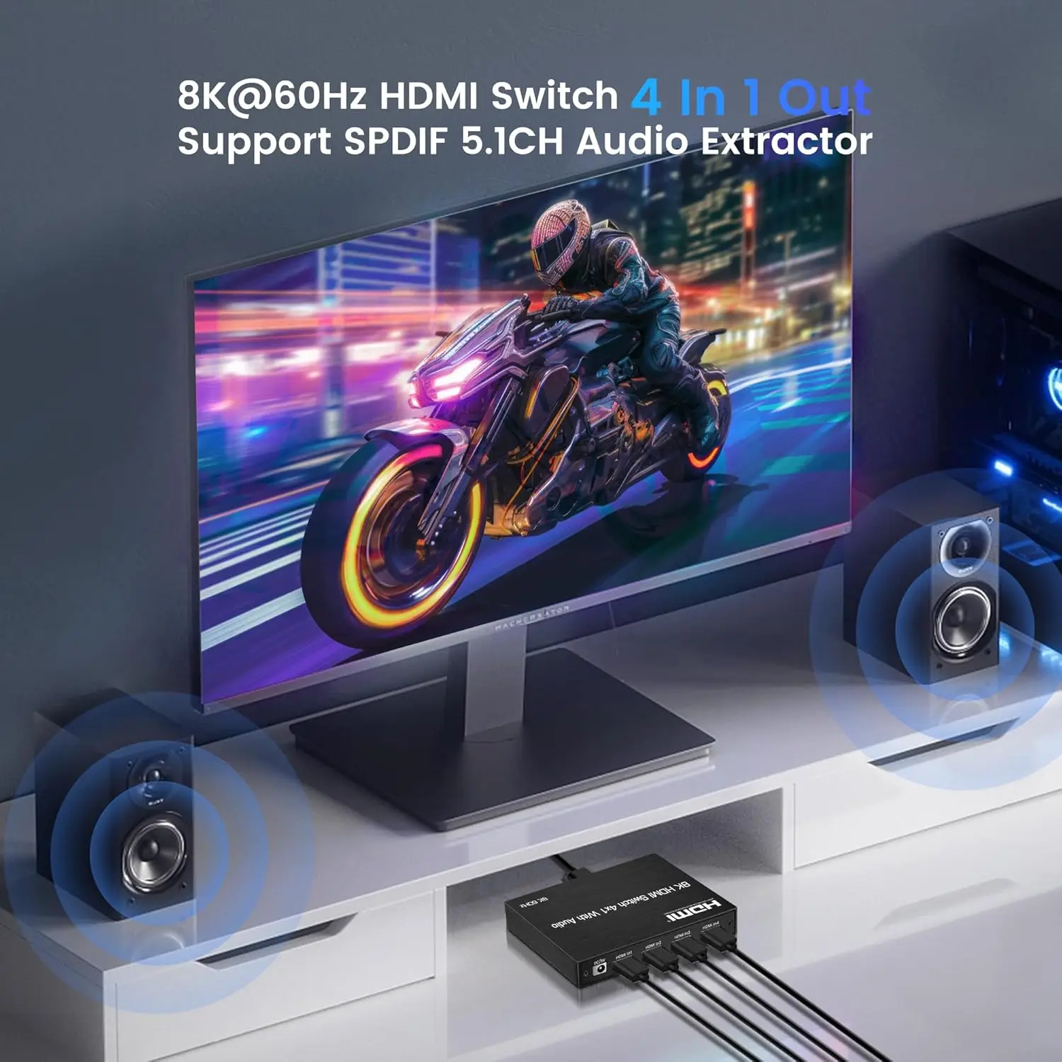 8K@60Hz HDMI Switch 4 in 1 out with eARC/ARC Audio Extractor Optical Coaxial L/R Out 48Gbps HDCP2.3 HDR for PS4/5 Xbox Soundbar