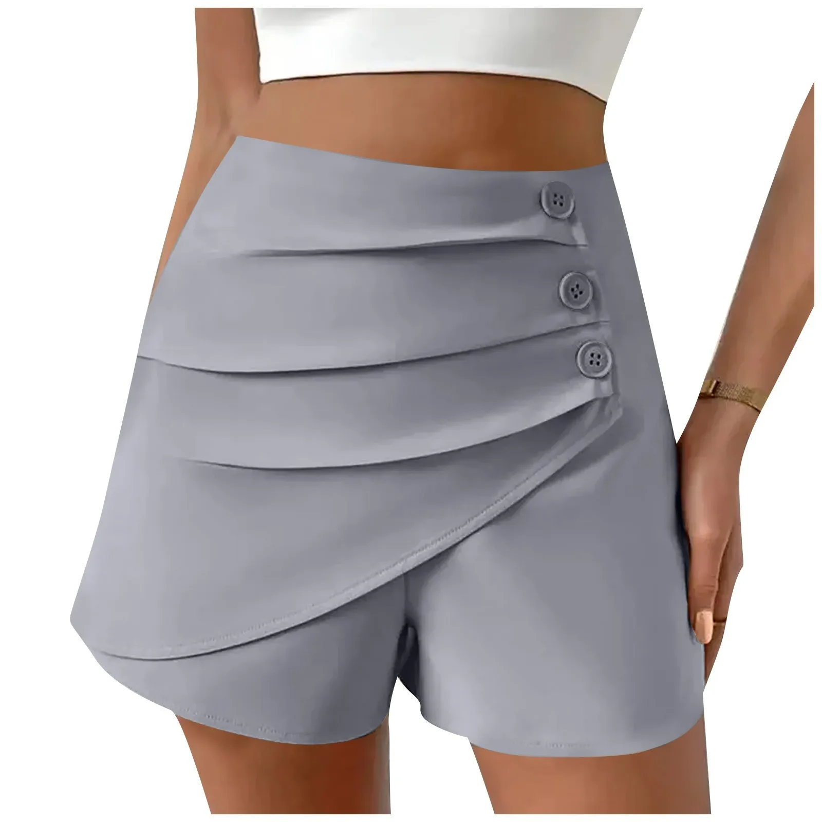 

Women'S Summer Casual Shorts Elastic Waist High Waist Yoga Sports Solid Shorts Fashion Trend Folds Button Decor Loose Shorts