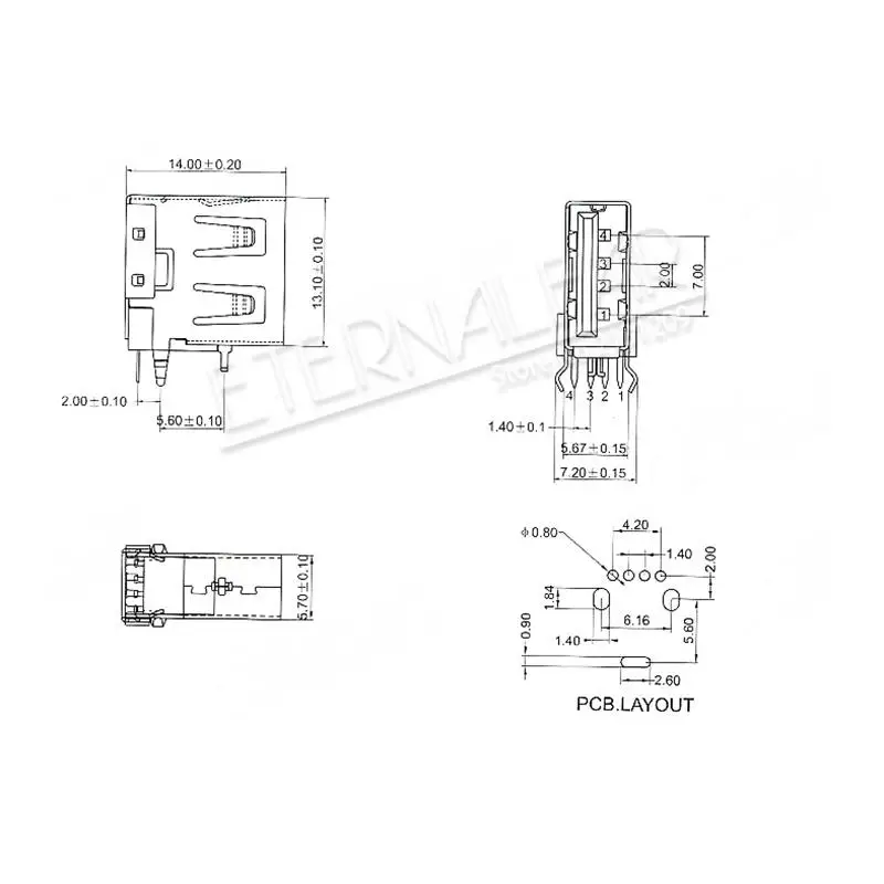 USB 2.0 Type A Female 5PIN DIP Short Body Side Insert Curved Foot Flat Mouth Straight Vertical Connector Needle Welding Wire DIY