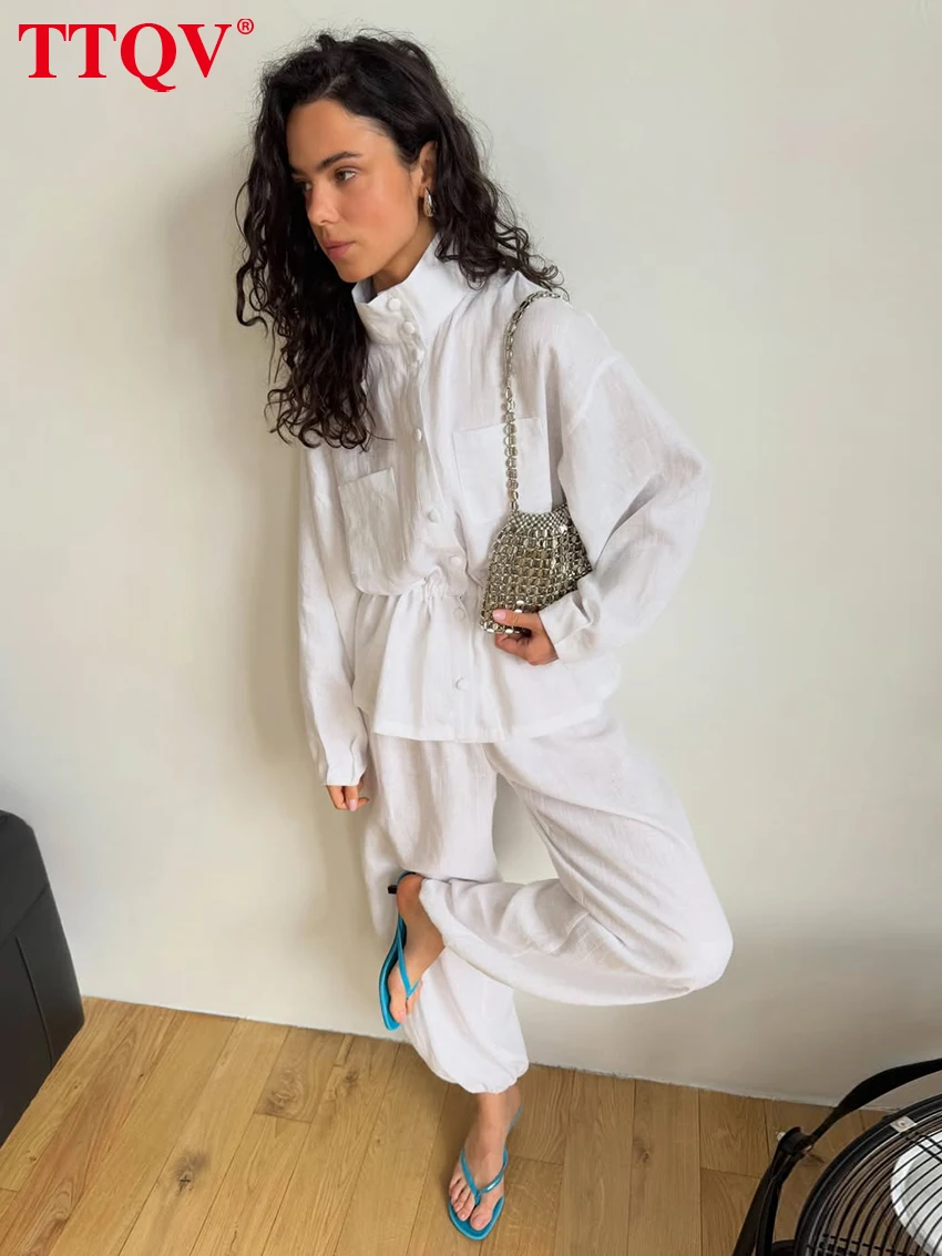 TTQV Fashion Loose White Cotton Women's 2-Piece Sets 2027 Elegant Long Sleeve Shirt With High Waist Pencil Pants Set Female