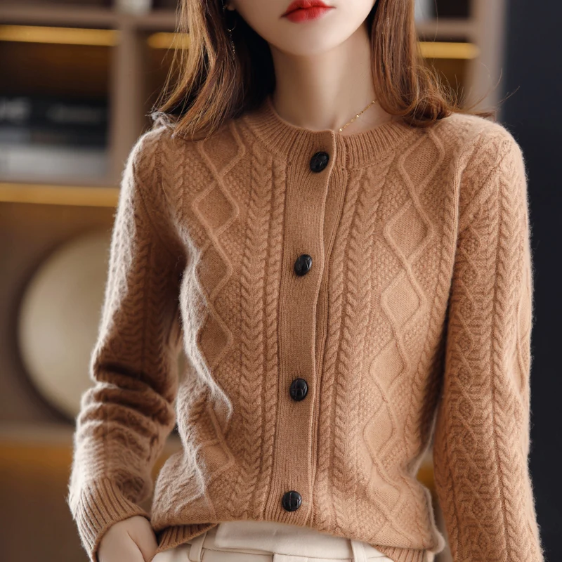 Ladies 100%Cashmere Cardigan O-Neck New Large Size Coat Knit Twist Base Shirts 2022 Spring Wild Thick Wool Sweater Women Jacket