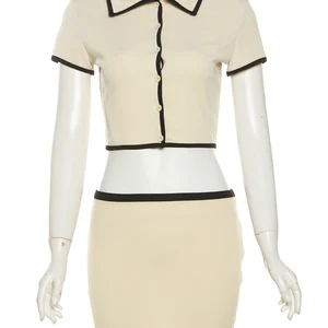 Weird Puss-Tops Harvest with Ribs and Mini Women's Skirts, Pole Neck, Botons Shorts, Streetwear Combining, Elegant, Streetwear, 2 Pieces Assembly 10 Main Sales Set Cropped and Skirt - №2