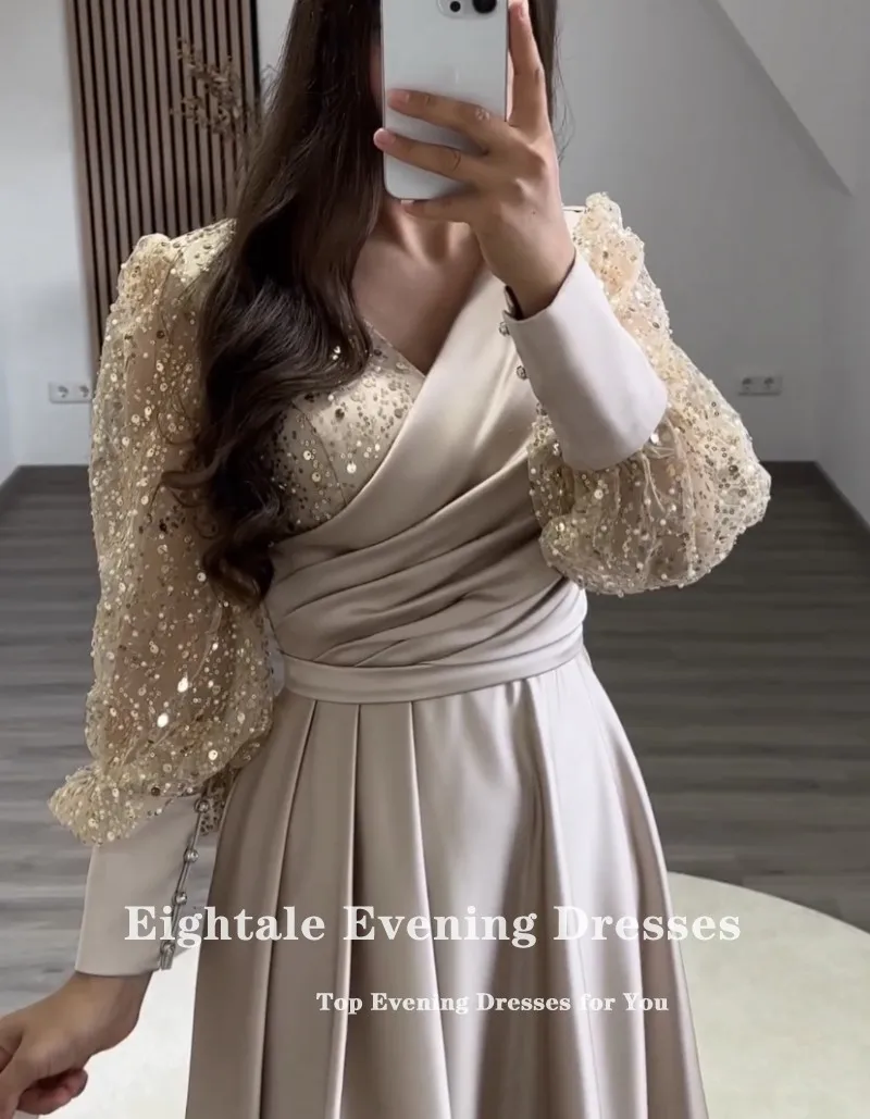 Eightale-Vestido corto de noche para fiesta de boda, traje de satén de manga larga, línea A, brillante, con cuello en V, color champán árabe, para graduación