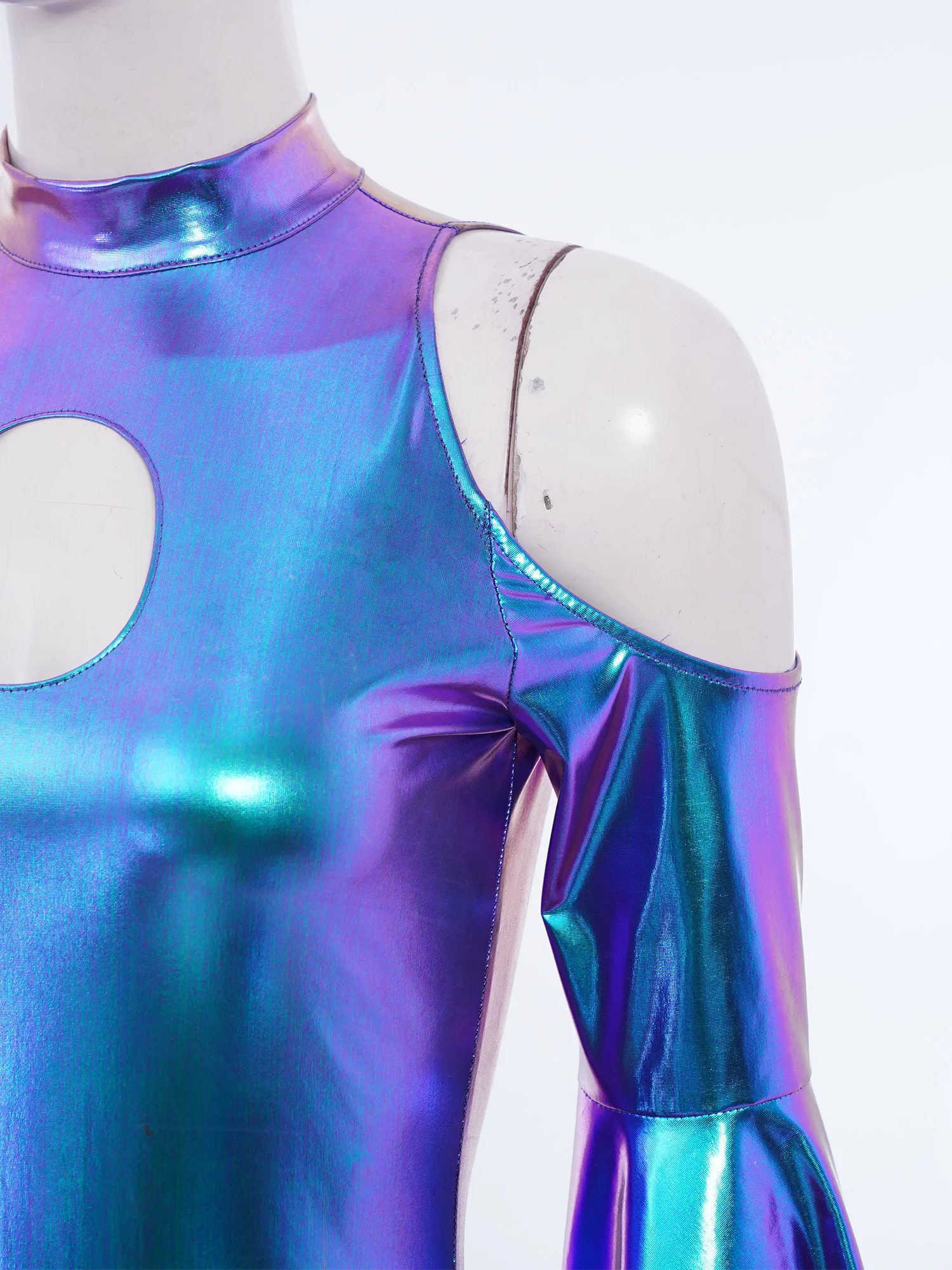 Women Metallic Shiny Cold Shoulder Bodysuit Mock Neck Catsuit Clubwear Rave Outfit Flared Sleeve Leotard Jumpsuits Party Dresses