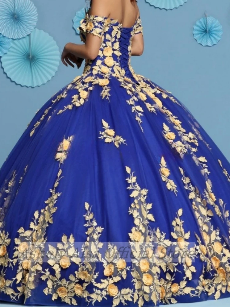 AQ135 Customized Royal Blue Quinceanera Dress Off Shoulder Floral Applique Floor Length Special Occasion 15 16 Party Prom Dress