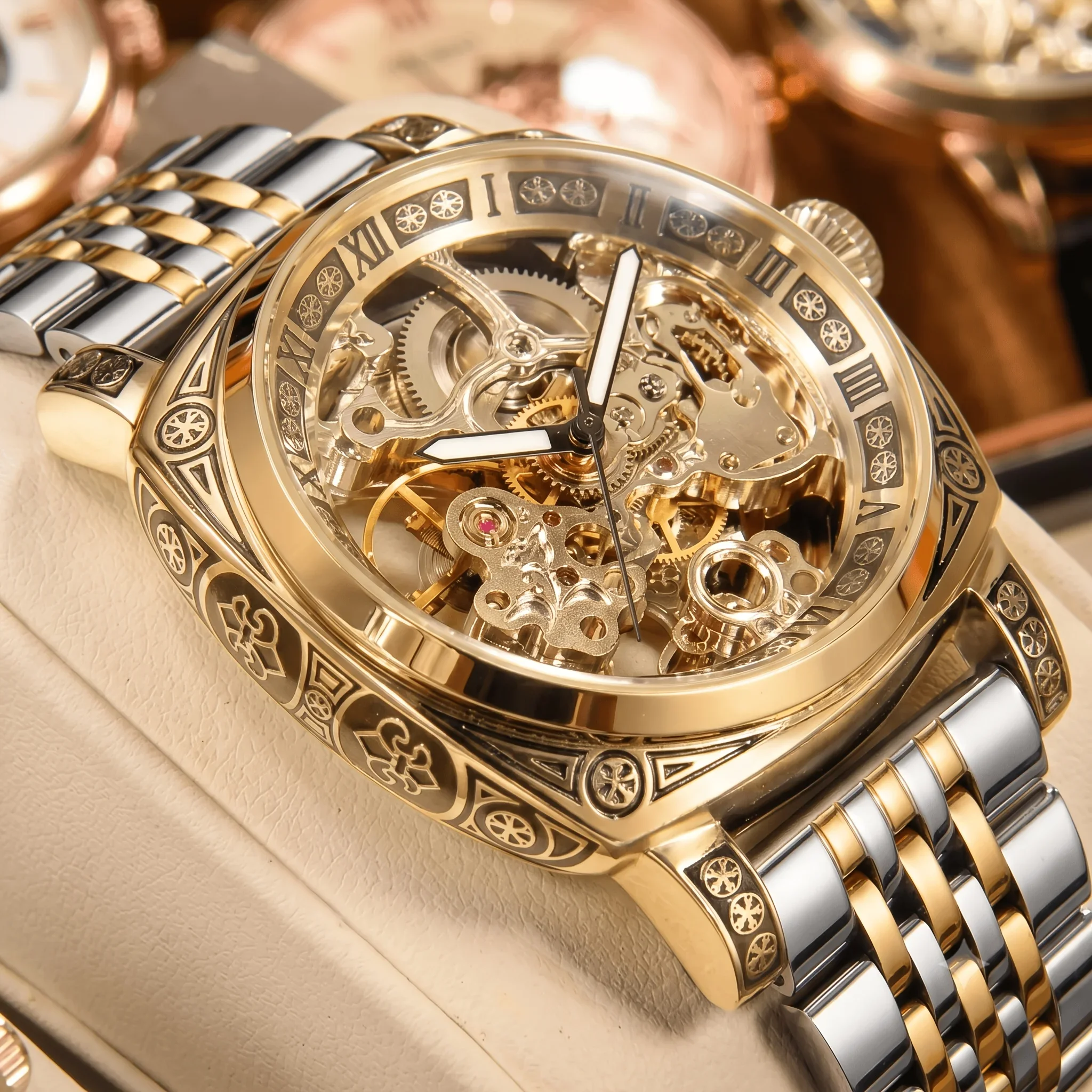 1pc Men's Strip Simple And Handsome Night Light Carving Fully Automatic Mechanical Watch