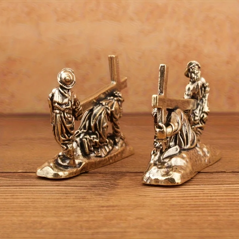 Vintage Brass Christian Jesus Carrying Cross Figurine Religious Desk Decor Mini Statue Symbolic Redemption and Never Give Up