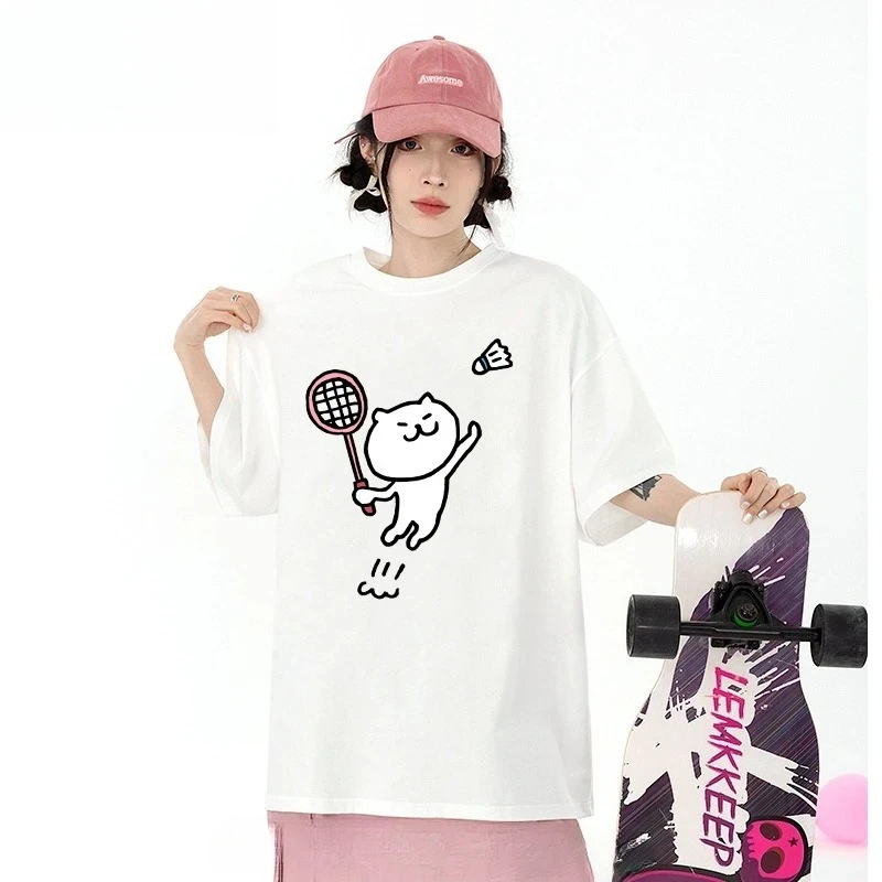2025 New Cat Badminton Cultural Shirt Women's Short-sleeved Top Couple Sports Running Competition Training Clothes Summer Tee
