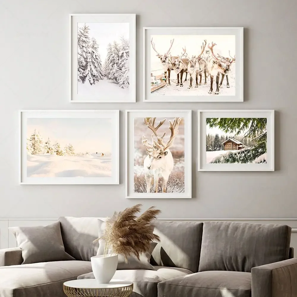 Frameless Canvas PaintingWinter Snow Landscape Poster Elk Wood Pine Forest Print Christmas Canvas Painting Nordic Wall Art Pictu