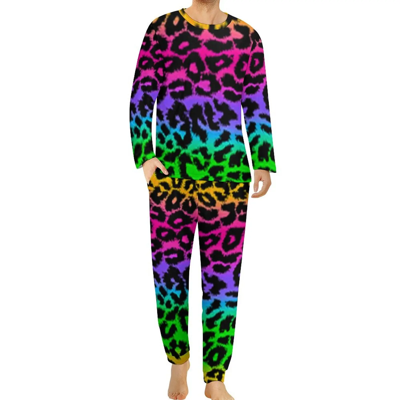 

Fantasy Rainbow Pajamas Male Leopard Print Retro Sleepwear Spring Long-Sleeve 2 Pieces Casual Graphic Pajamas Set Big Size