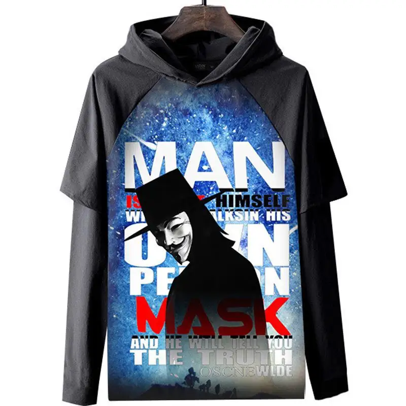 New V for Vendetta Hooded Long Sleeve T-Shirt 3D Printed Mask Design Comfortable Breathable Polyester Casual Men's T-Shirt