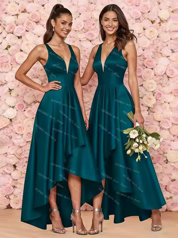Women&lsquo;s A-line/Princess Satin Bridesmaid Dress for Wedding Party V-Neck Open Back Prom Dress High-Low Customized Evening Gown