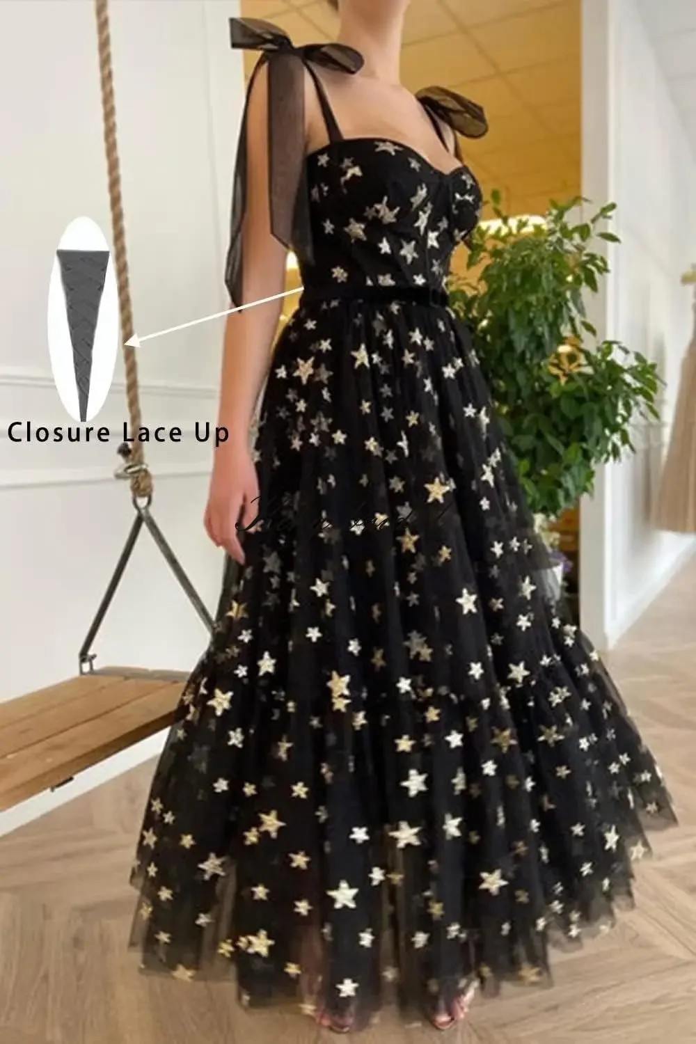 Tüll-Abschlussball-Club-Kleider für Damen, Tee-Länge, glitzernd, Stern, A-Linie, formelles Abend-Partykleid, maßgeschneidert, elegant, glitzernd, sternenklar