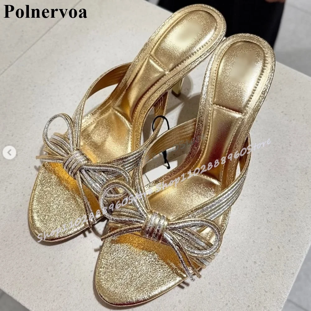 

Gold Meatllic Narrow Strip Bowknot Slippers Stilettos High Heel Shoes For Women Slip On Open Toe Luxury Stylish Women Slippers