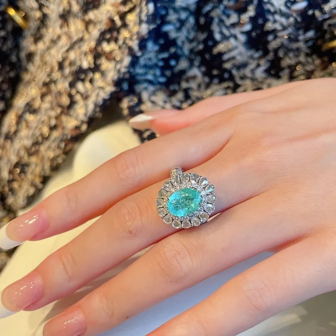 Luxurious Paraiba Hollow Flower Water Drop Pear-Shaped Oval Sapphire Full Diamond Couple Ring For Women Wedding Gift Jewelry