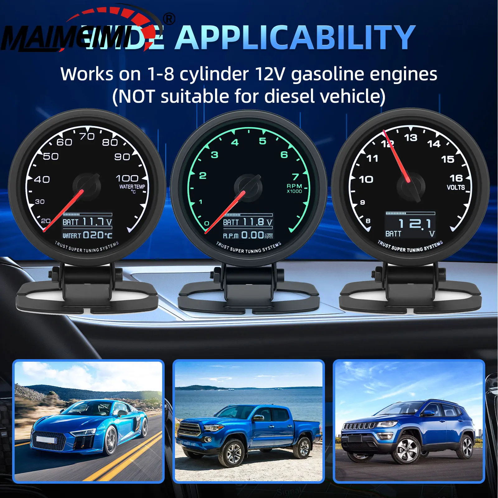 

﻿ ﻿ 62mm 2.5 Inch Turbo Gauge Water Temp 7 Colors LCD Display Digital Mete Boost Oil Pressure RPM Tachometer Racing With Sensor