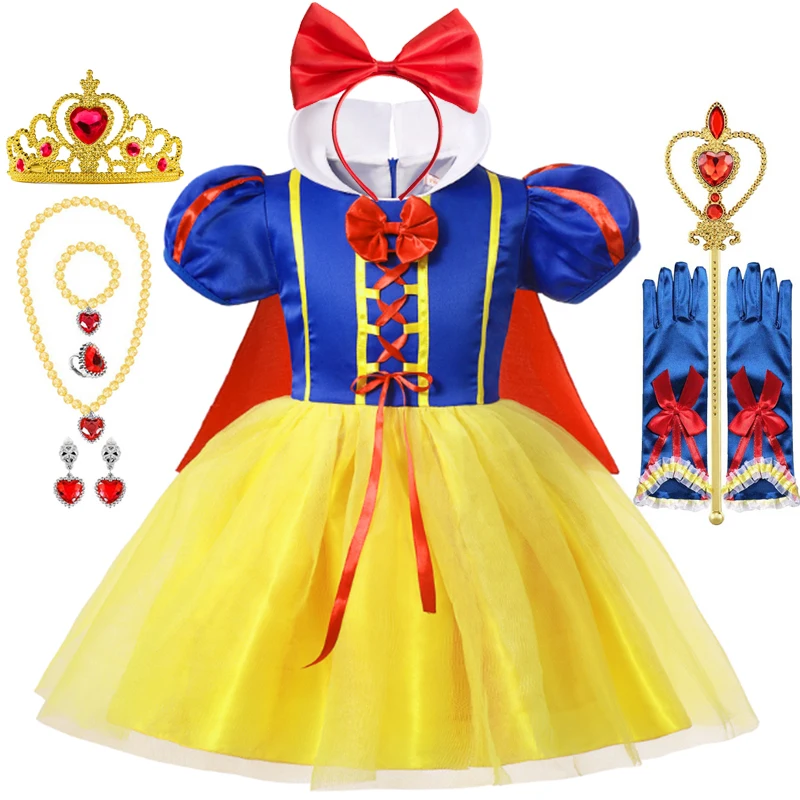 

Snow White Princess Dress Kids Girl Costume With Cape Headwear Halloween Carnival Birthday Party Children Apparel Clothes