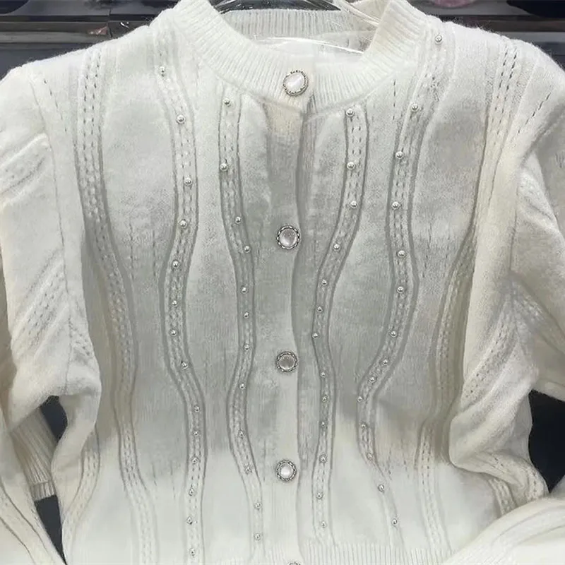 

Осенняя одежда, женское вязаное верхнее пальто, женский модный кардиган, свитера, новинка 2025 года, женский кардиган с длинными рукавами и бусинами для ногтей, топы