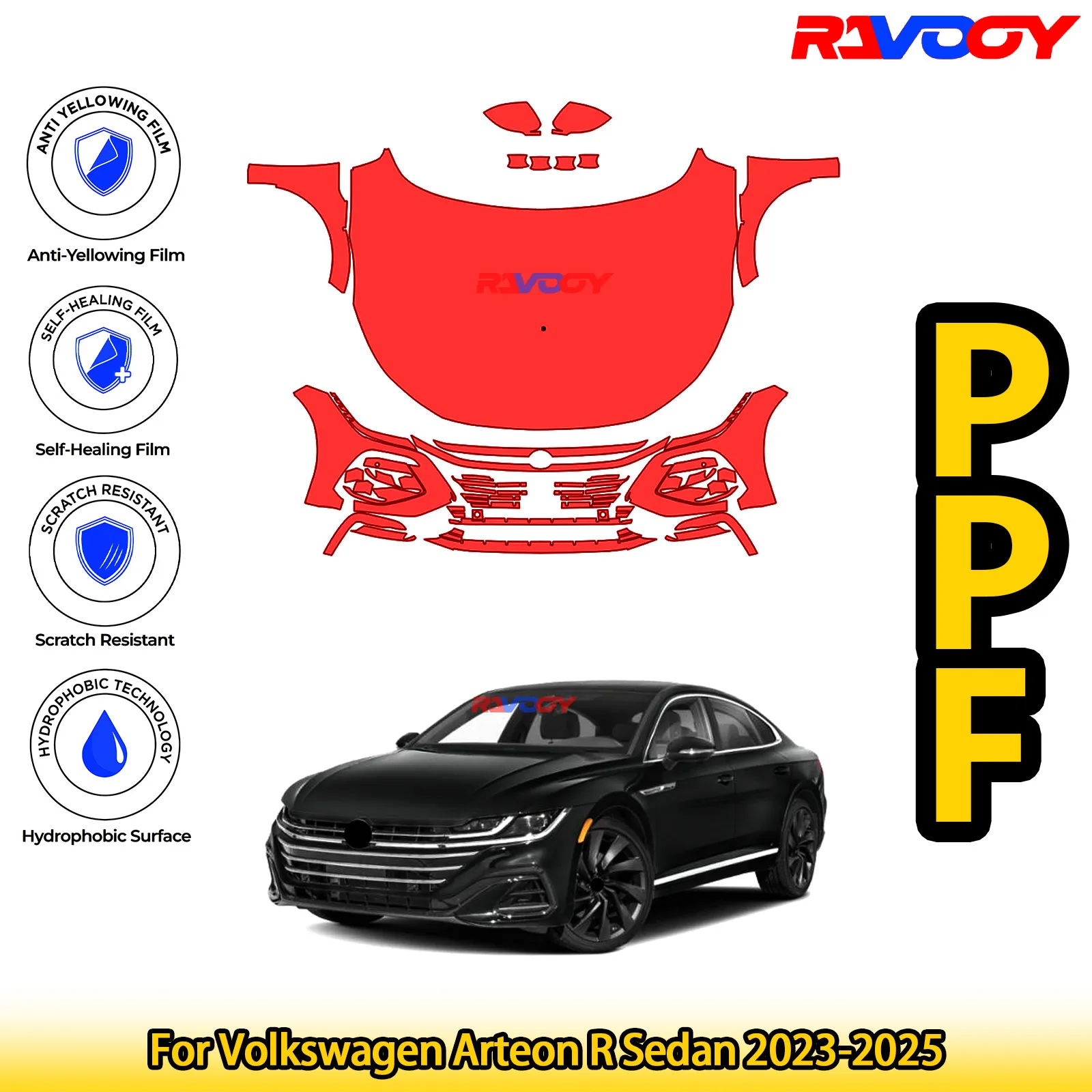 

Для Volkswagen Arteon R Sedan 2023-2025 глянцевая матовая черная предварительно вырезанная передняя защитная пленка PPF Kit