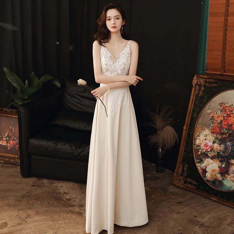 

Ele White Long Evening Gown with Strap for Women Wedding Dr High End Cus Made Engagement Par Korean Sle A-Line ...