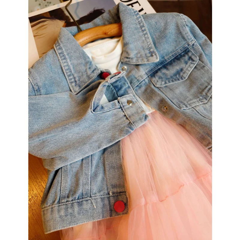 3 4 5 6 8 Years Girls Clothing Set Spring Autumn Cute Cartoon Rabbit Denim Coat+Mesh Princess Dress 2Pcs For Kids Fashion Outfit