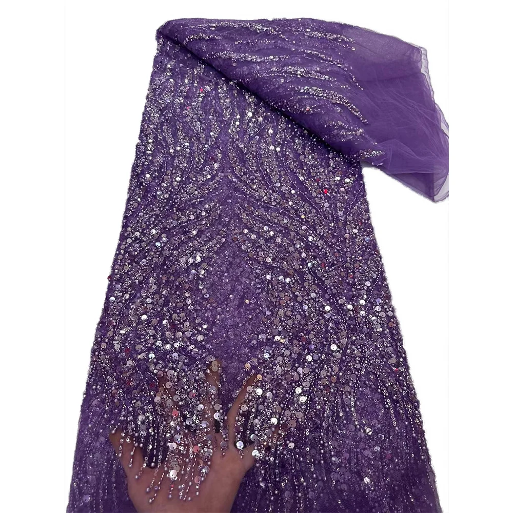

2025 Luxury French net embroidered beaded lace embroidered fabric African Nigerian tulle lace sequined fabric embroidered weddin