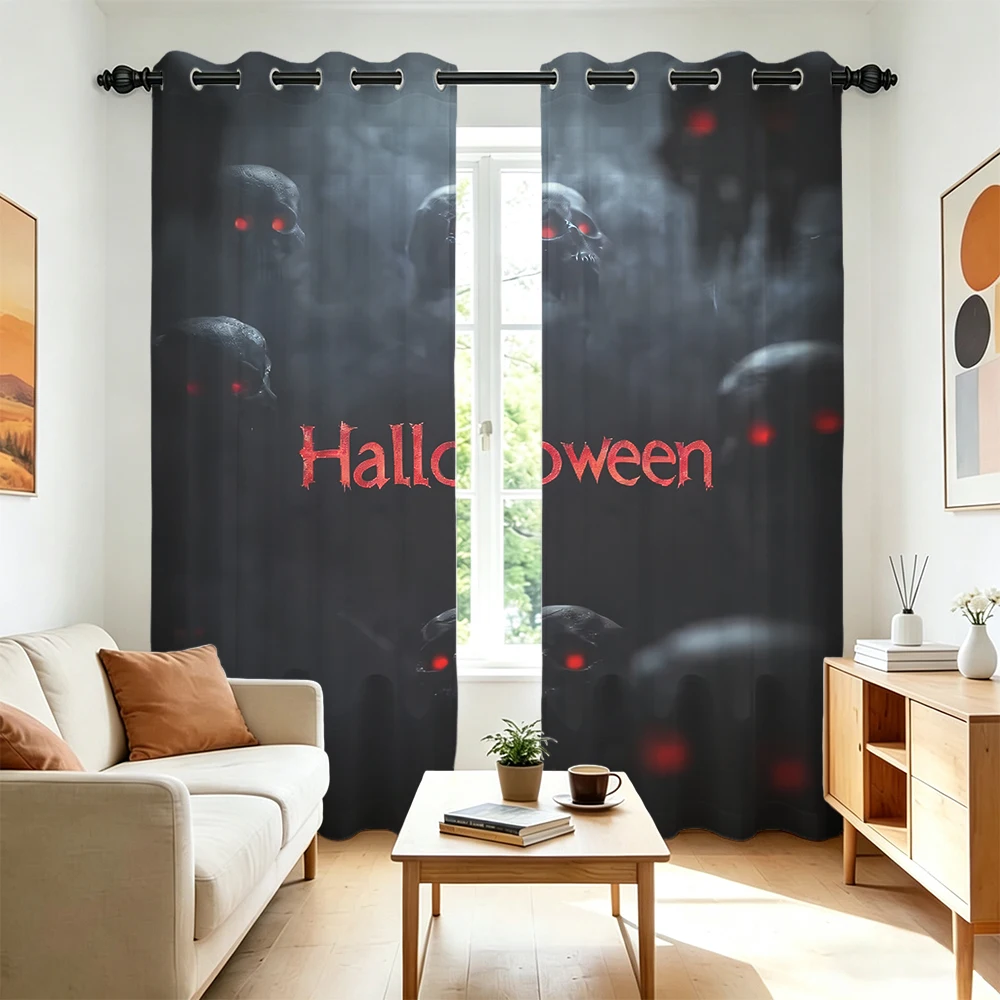2Pcs Gothic Skull Head Halloween Printed Curtains Perforated Hole‑Punch Blackout Privacy Window Drapes For Living Room Bedroo