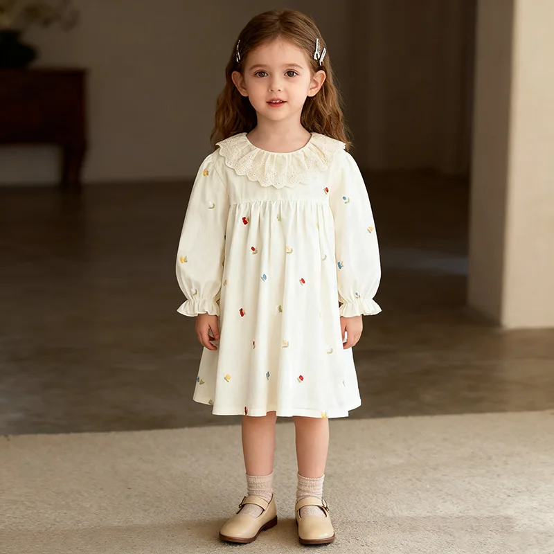 Girls' Cotton Long Sleeve Princess Dress with Embroidered Collar Spring Autumn New Style Sweet Style Medium to Small Kids