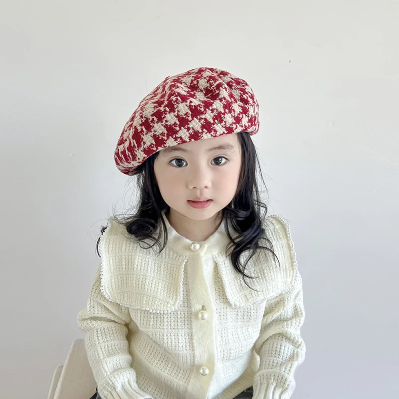 Autumn Winter Baby Hat Christmas Wool Children Beret Hats for Girls Adjustable Fashion Plaid Kids Cap New Year Gift 2-7Y