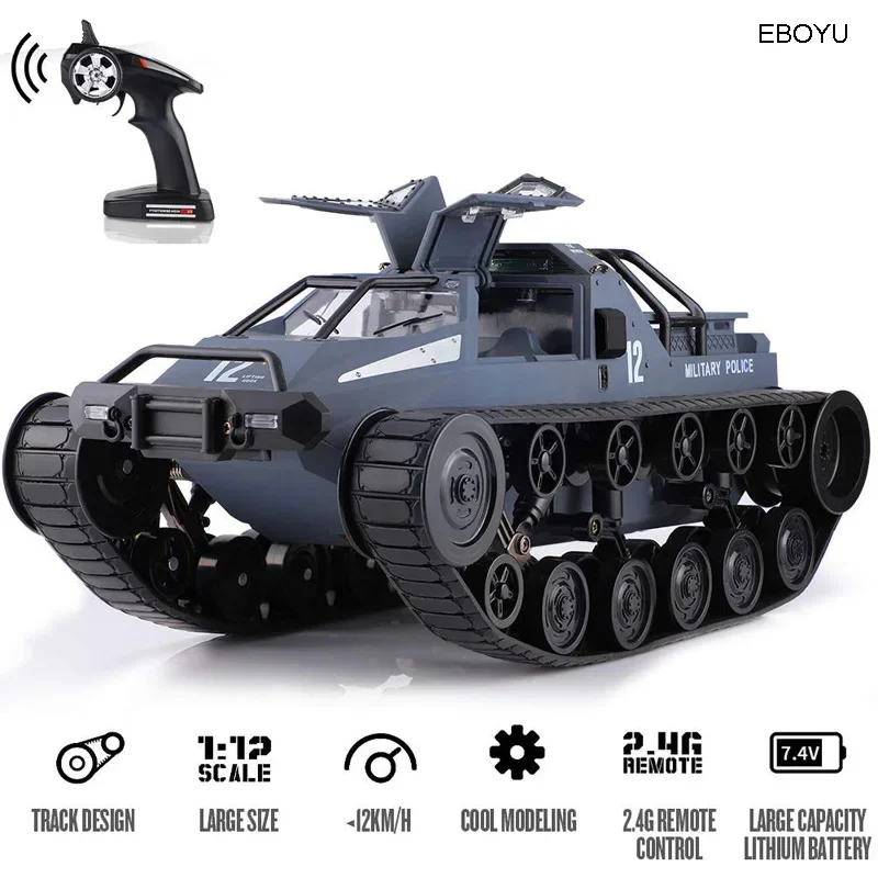 EBOYU 1203 RC Tank Car 1:12 Scale 2.4GHz Remote Control Rechargeable Drift Tank 360° Rotating Vehicle Gifts for Kids