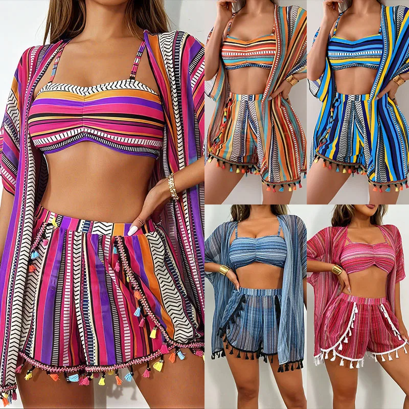 

Sun Protection Cover-Up Sexy Tassel Bikini Four-Piece Swimsuit Set