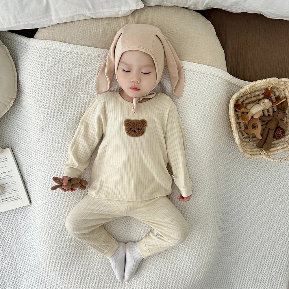 MILANCEL 2Pcs Baby Pajamas Long Johns Suit 0-3Y 2024 Autumn Infant Boys Cartoon Bear Home Clothes Underwear Set Girls Sleepwear