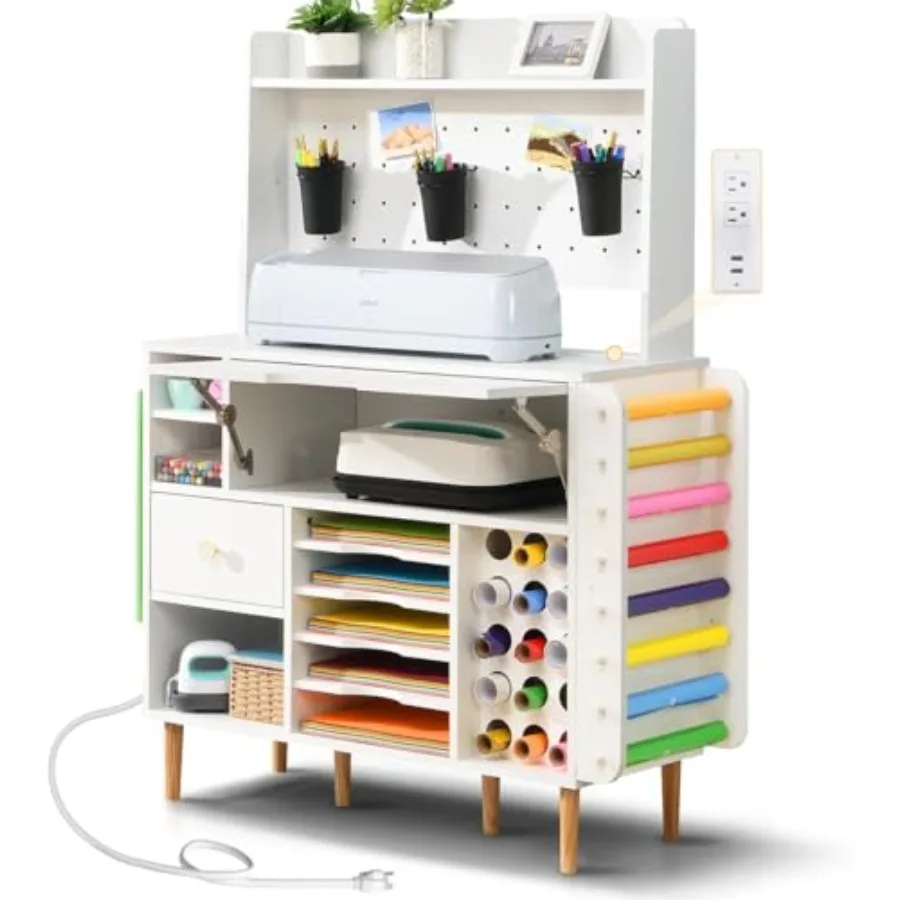 

Craft Organization and Storage Cabinet for Cricut Machines Crafting Desk with Power Outlet Pegboard Vinyl Holders Compact Stora