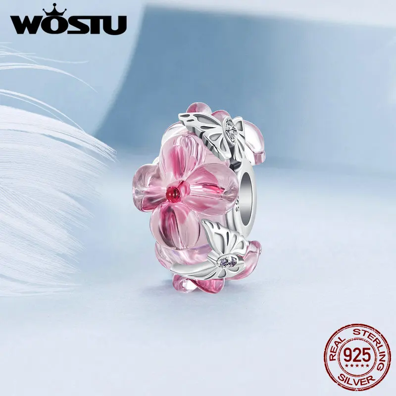 Wostu 925 prata esterlina rosa cristal borboleta charme coração rosa pingente lua contas caber pulseira original colar jóias diy