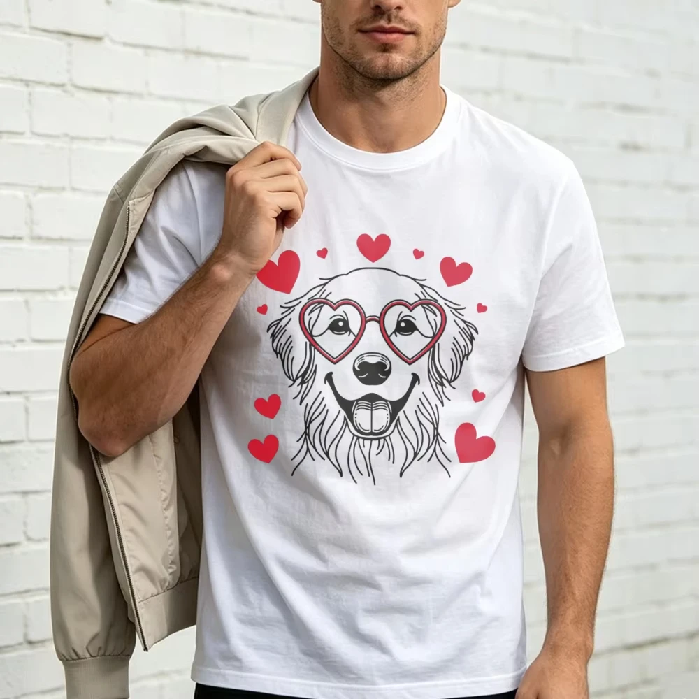 Heart Glasses Golden Retriever Graphic Tee Cute Dog Red Love Heart Unisex Streetwear Shirt Valentine's Day Gift Funny Cotton Tee