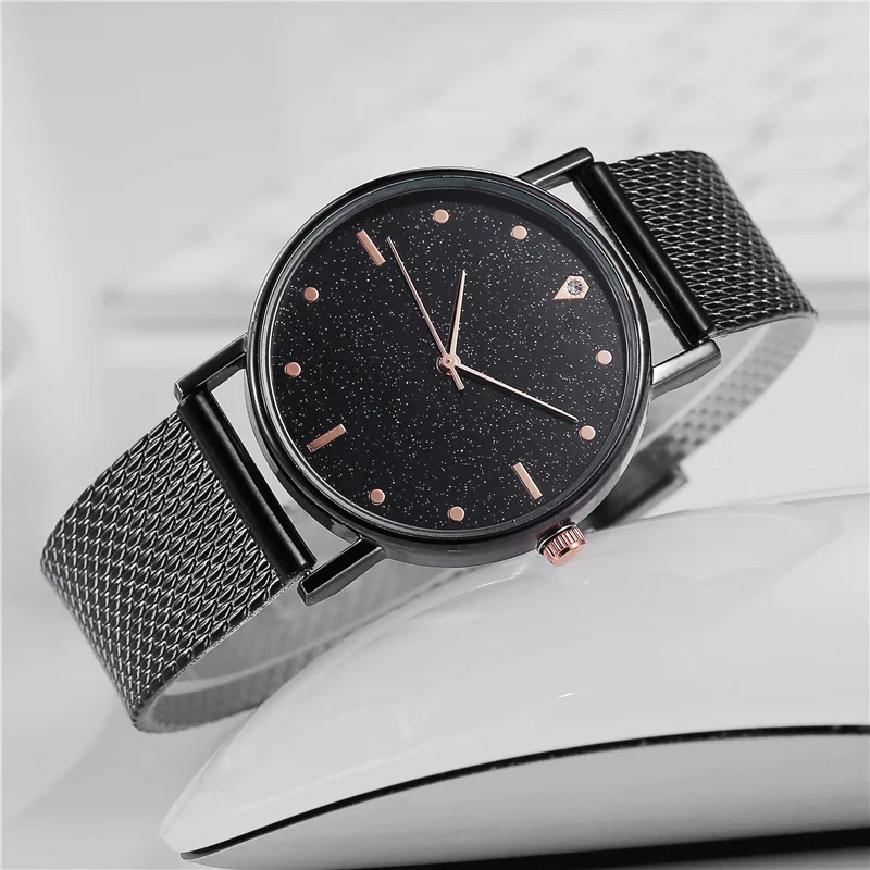 Relojes negros de lujo para mujer, correa de malla de cielo estrellado, reloj de pulsera de cuarzo a la moda para mujer, reloj para mujer, venta Simple