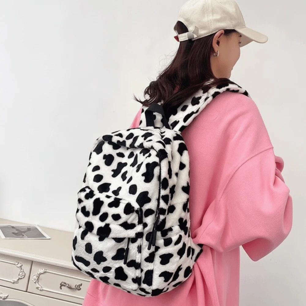Plush Leopard Print Backpack Harajuku Ulzzang Students School Bag Large Capacity College Style Students Daypack Travel