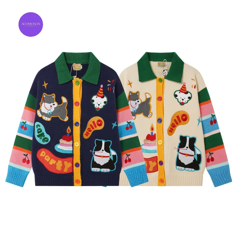 ACOMOSON EU US Size Retro Patchwork Striped Sleeve Party Dog Pattern Embroidered Knit Cardigan Unisex Casual Sweater