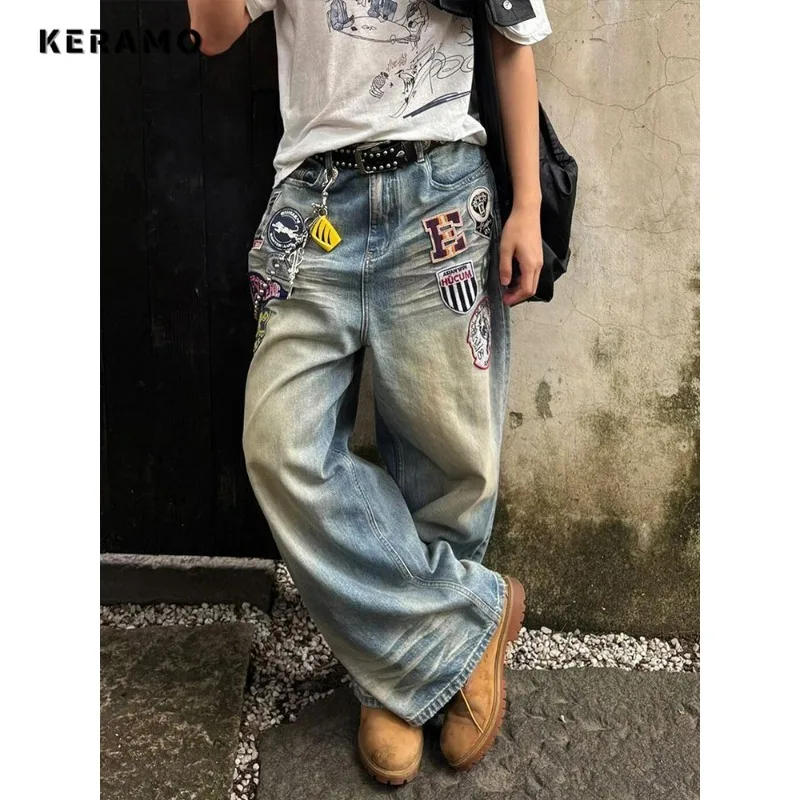

Retro Y2K Eclectic Appliques Straight Pants Grunge 2000s Street Distressed Jeans Women's Vintage Casual Emo Denim Trouser